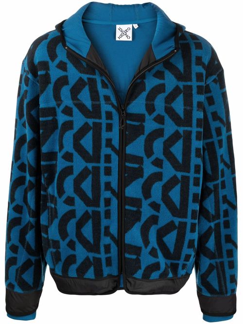 Abstract-print zip-up hooded jacket - Blue