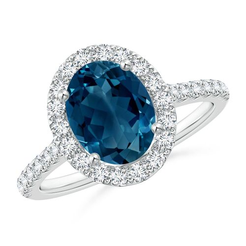 Angara 2.25 Carats Prong-Set Oval London Blue Topaz Halo Ring with Diamond Accents in Platinum