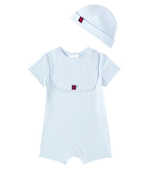 Gucci Kids Baby cotton playsuit, bib, and hat set