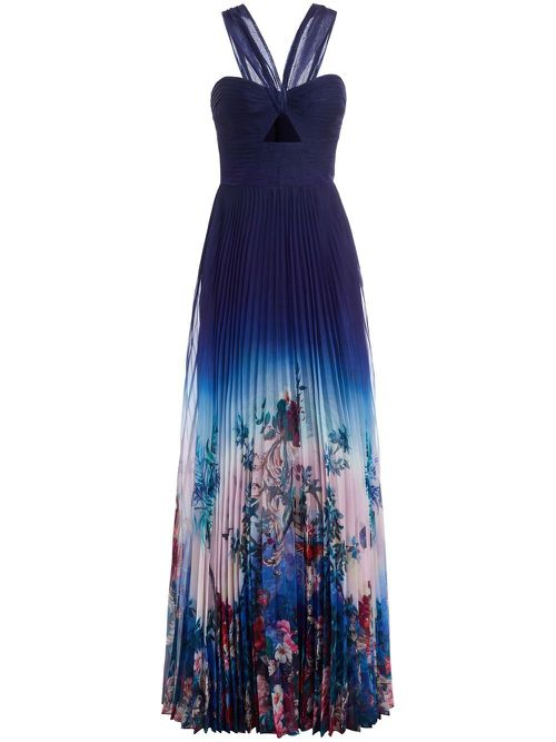 Floral-print pleated gown - Blue