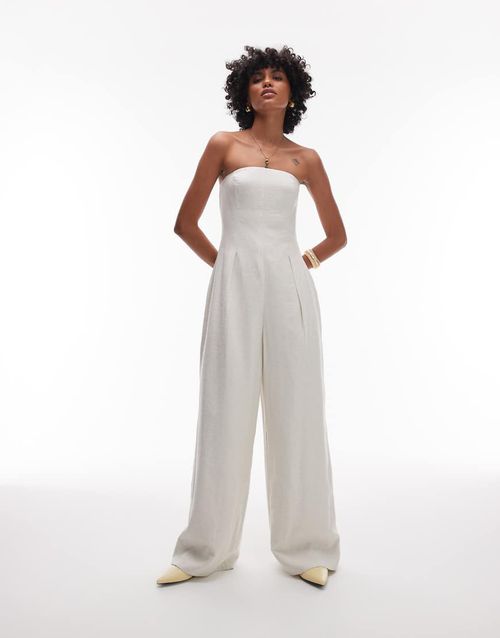 Seamed wide leg linen jumpsuit in natural-Neutral