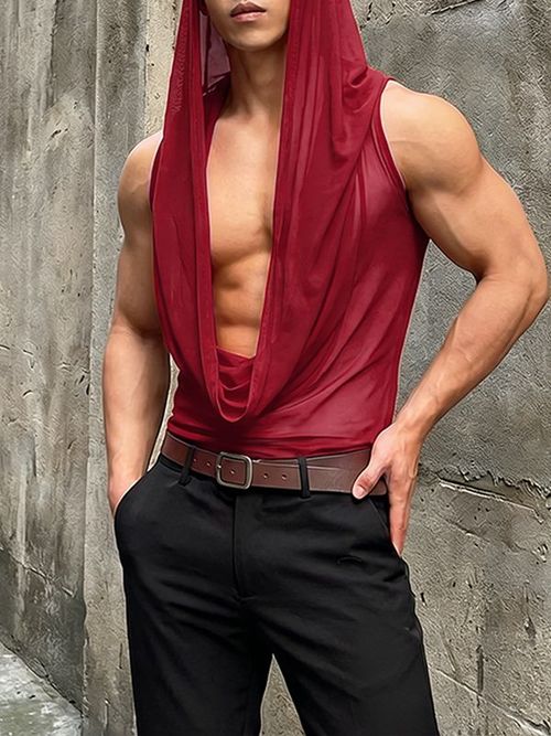 Men's Sheer Mesh Cowl Neck Hooded Tank SKUL54096 - Red / S
