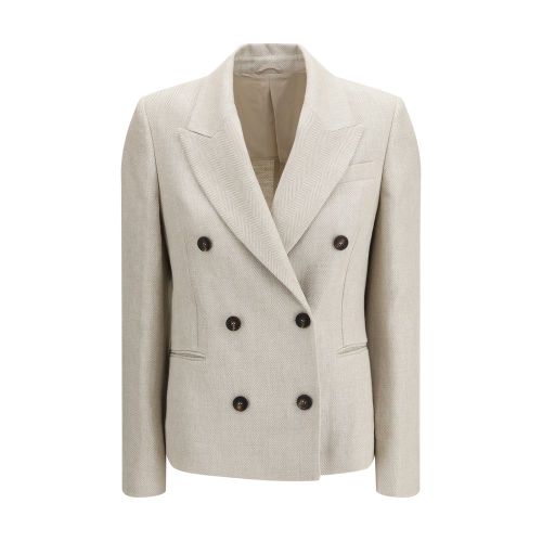 Linen Herringbone Double-Breasted Blazer — Beige