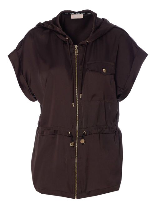 Drawstring-hood vest - Brown