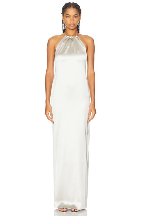 Ralph Lauren Collection Corra Stretch Satin Evening Dress in Mist - Light Grey.  6 also in