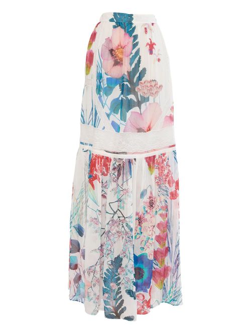 Floral-print silk skirt - White