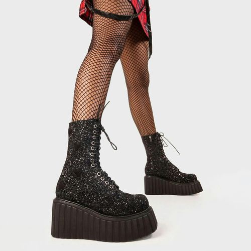 Lamoda Hand On Heart Black Glitter Chunky Ankle Creeper Boots Platfor