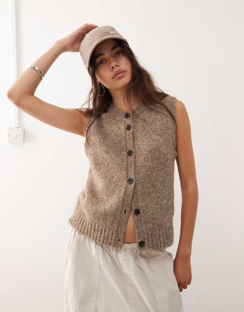 Knitted vest with high v neck in beige melange exclusive to ASOS-Brown