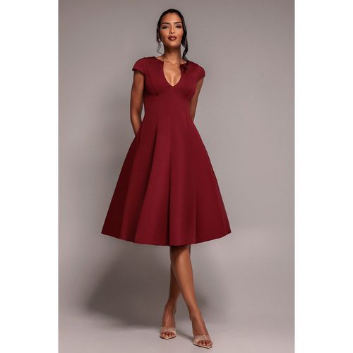 Goddiva Cap Sleeve Plunging V-Neckline A-line Midi Dress - Wine