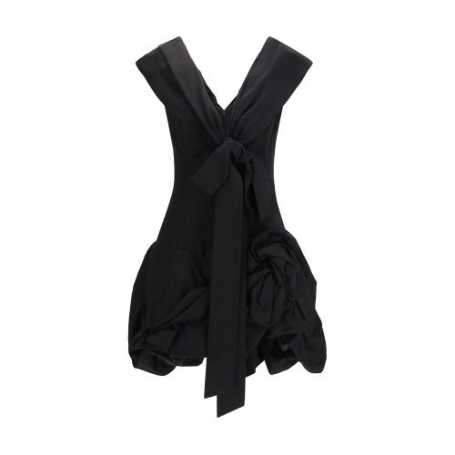 Draped Shawl Collar Cotton-Silk Dress — Black