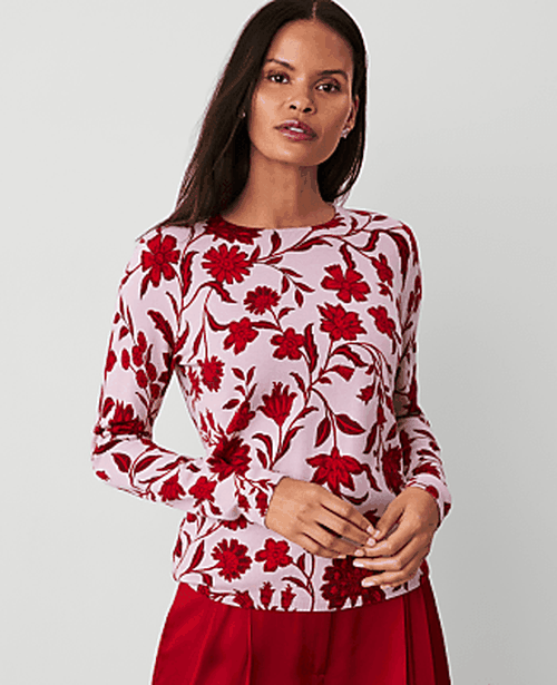 Ann Taylor Petite Floral Crew Neck Sweater