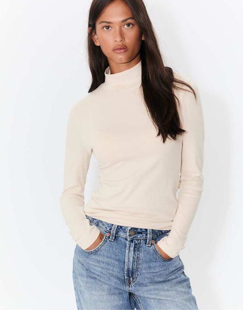 Basic high neck t-shirt in stone-White