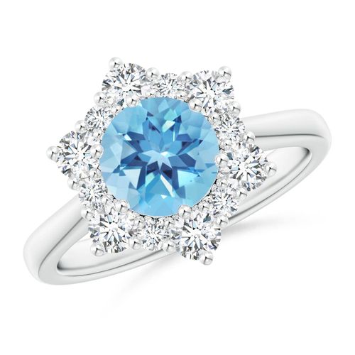 Angara 1.55 Carats Swiss Blue Topaz and Diamond Floral Halo Engagement Ring in Platinum