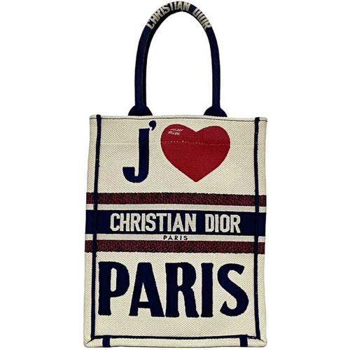 Christian Dior Navy Red Color White Canvas Handbag Pre-Owned
