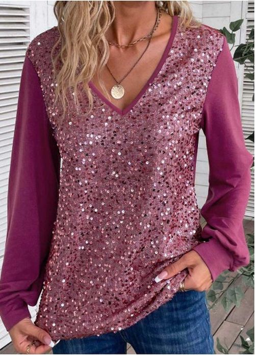 Modlily Dark Reddish Purple Sequin Long Sleeve V Neck Blouse