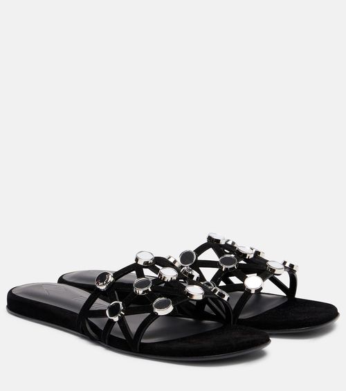 Grid embellished suede flat sandals