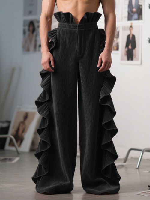Men's Ruffled Patchwork High Waist Casual Pant SKUL29562 - Black / S