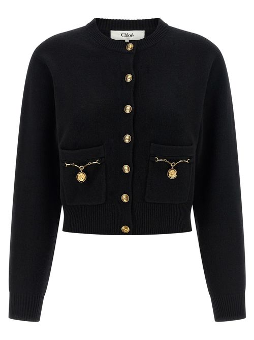 Wool and Cashmere with Horse Medal Buttons Cardigan — Black