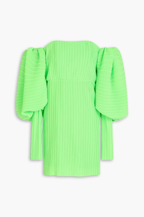 Off-the-shoulder plissé-crepe mini dress - Green - UK 10
