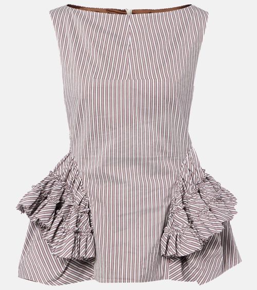 Striped ruffled cotton and silk top