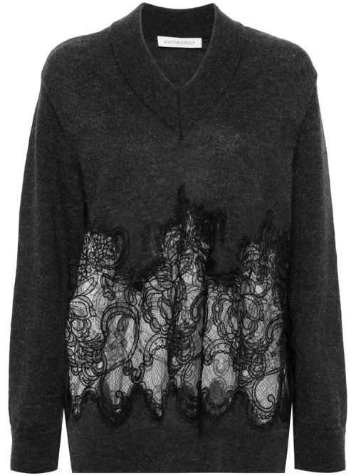 Lace-detail V-neck jumper - Grey