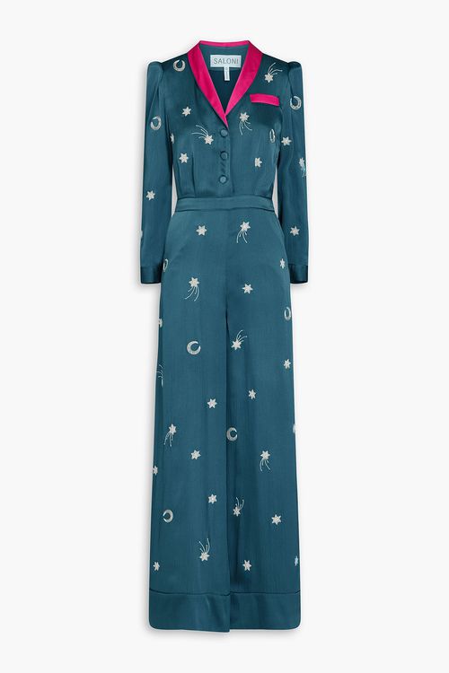 Saloni - Lulu embellished silk-satin jumpsuit - Blue - UK 14