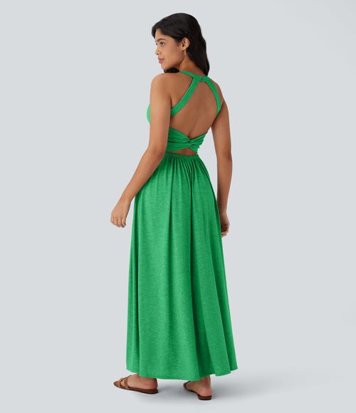 Twisted Backless Split Flowy Maxi Resort Dress with Pockets Casual Dress - Dewleaf Green