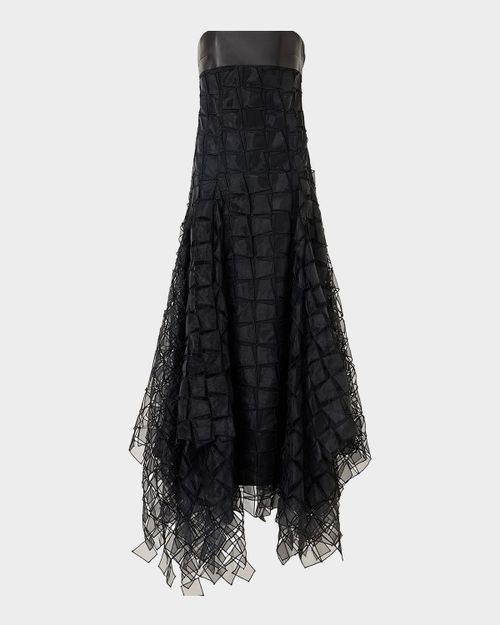 Strapless Trapezoid Embroidered Organza Fringe Maxi Dress