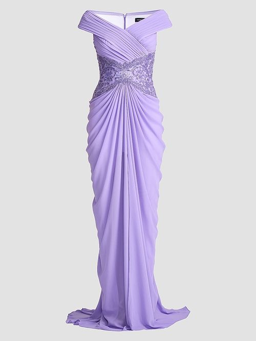 Women's Pleated Chiffon & Metallic Lace Gown - Lavender Mist
