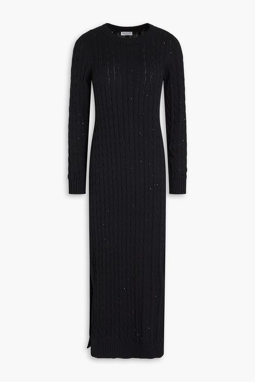 Sequin-embellished cable-knit cotton-blend midi dress