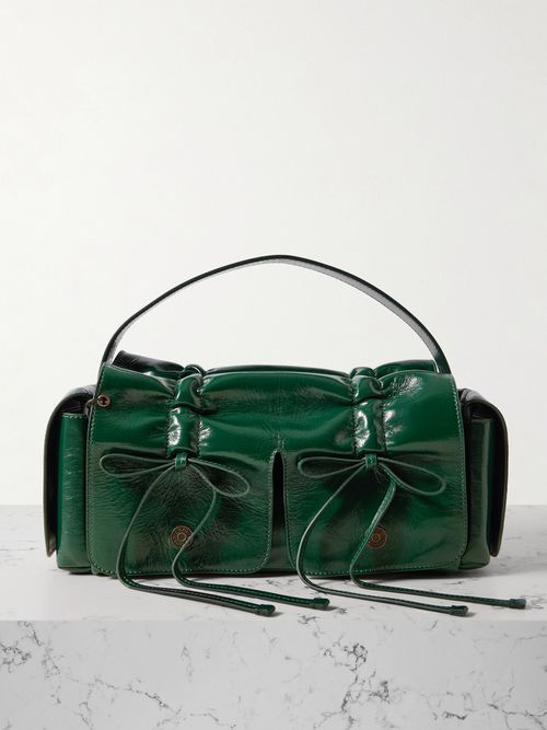 Multipocket Bow-detailed Embellished Leather Shoulder Bag - Green