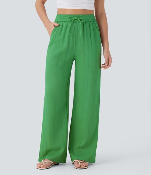 High Waisted Drawstring Pocket Wide Leg Baggy Casual Linen-Feel Pants  - Kelly Green