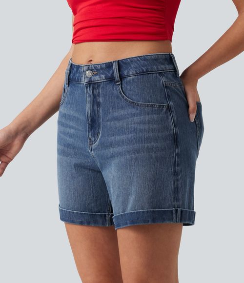 Flex™ Mid Rise Rolled Hem Denim Casual Shorts 5'' with Pockets  - Blue Jasper Denim