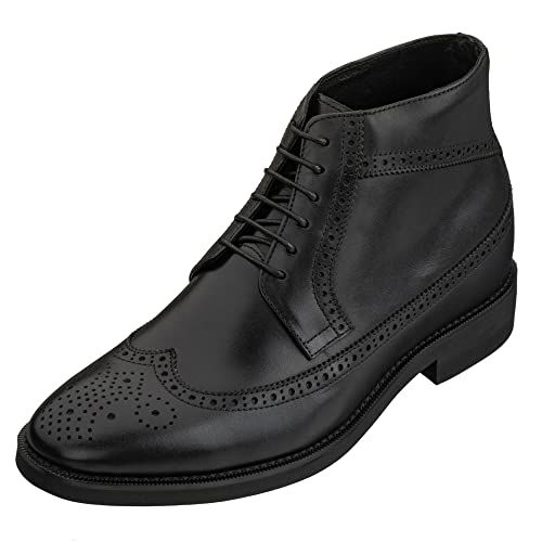 CALTO Men's Invisible Height Increasing Elevator Shoes - Black Premium Leather Lace-up Wing-Tip Dress Boots - 3.2 Inches Taller - S27001