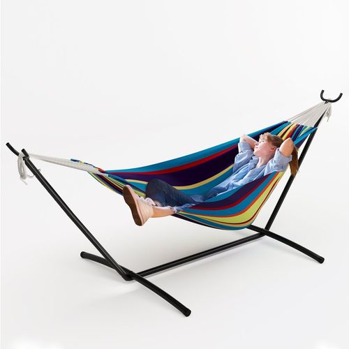 Garvee Multicolor Stripe Double Hammock with Collapsible Steel Stand, 450 lbs 2-Person Portable Hammock with Storage Bag for Backyard, Patio, Camping & Beach