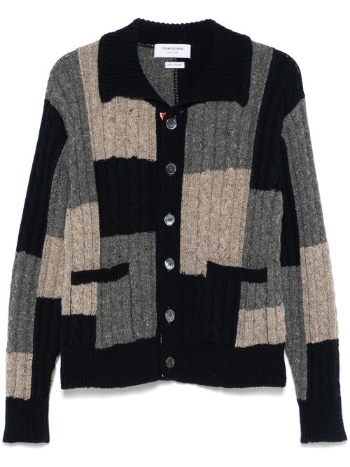 Patchwork cable-knit cardigan - Blue