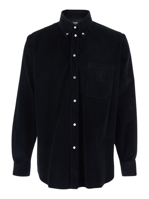 Shirt with Button-Down Collar and FF Embroidery on Front in Ribbed Cotton for Men