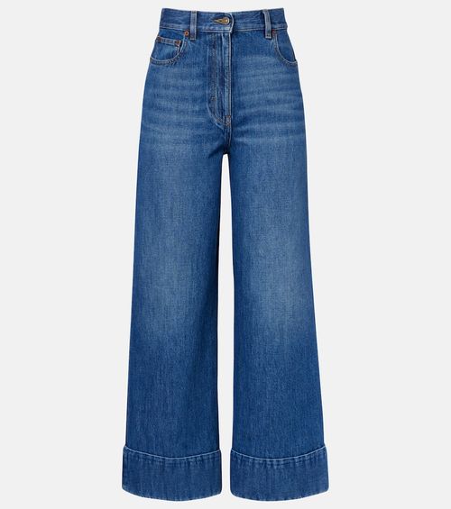 Leather-trimmed wide-leg jeans
