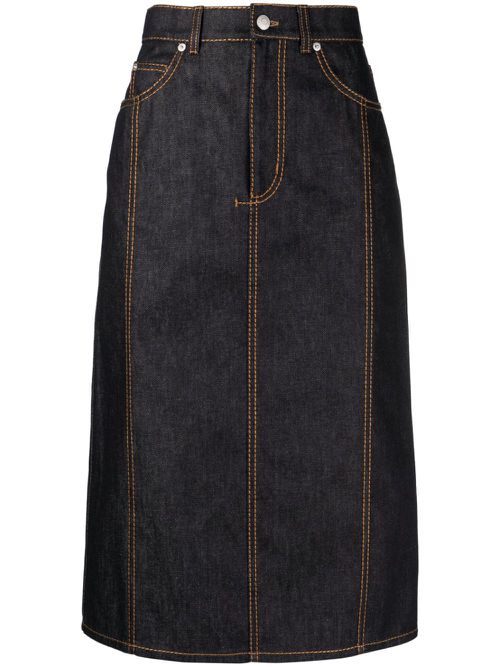 Contrast-stitch denim midi skirt - Blue