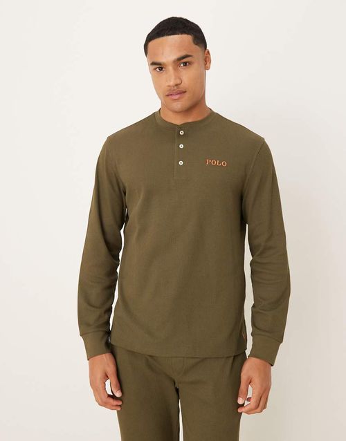 Logo waffle henley long sleeve lounge t-shirt in dark green