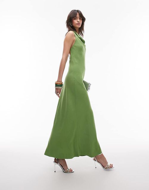 Drape neck open back midi dress in green