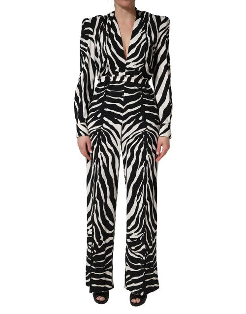 Zebra-Print Viscose Jumpsuit — Black