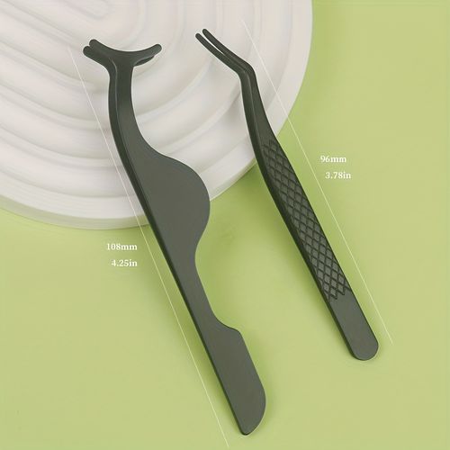 TEMU 2pcs Professional Stainless Steel Eyelash Extension Tweezers - With Black Handles, Precision Application For False Eyelashes, No Battery Needed