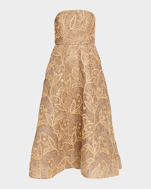Petunia Strapless Embroidered Metallic Midi Dress