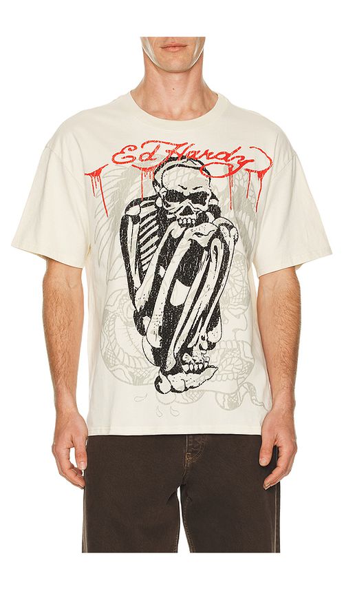 Ed Hardy Skele Rhinestone Boxy Tee in White. L. Also in M, S, XL/1X