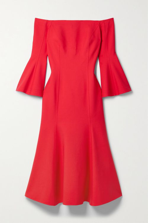 Off-the-shoulder Wool-blend Midi Dress - Red