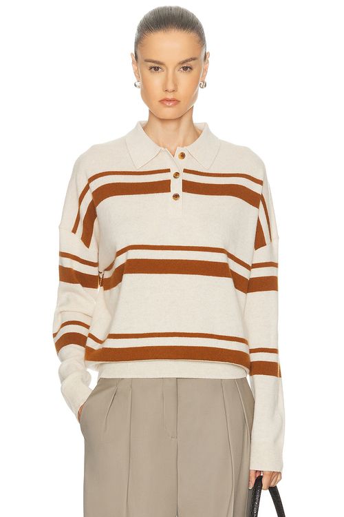 RENGGLI Cashmere Striped Polo Top in Eggshell & Saffron - Ivory. XS also in L, M