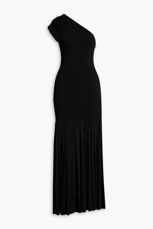One-shoulder plissé-chiffon and bouclé-knit maxi dress - Black - US 4