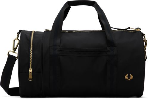 Black Textured Nylon Barrel Duffle Bag