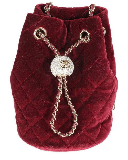 Burgundy Quilted Velvet CC Pearl Crush Bucket Bag (Authentic Pre-Loved)